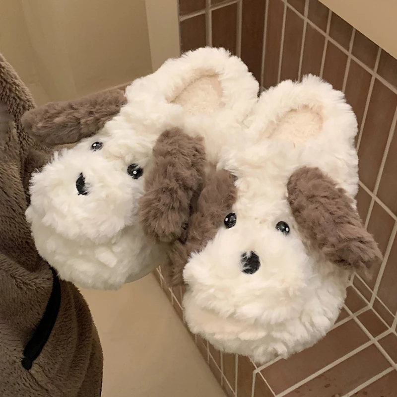 Cute Dog Short Fashion Plush Slippers For Women Winter Warm Furry Cotton Shoes Couples Home Indoor Bedroom Cozy Slippers