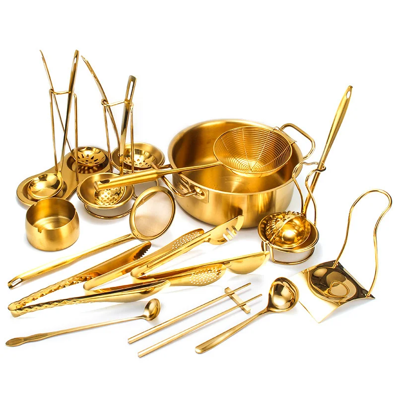 Gold Stainless Steel Food Clip Soup Spoon Colander Cooking Spoon With Storage Stand Kitchen Utensils Skimmer Frying Spatula