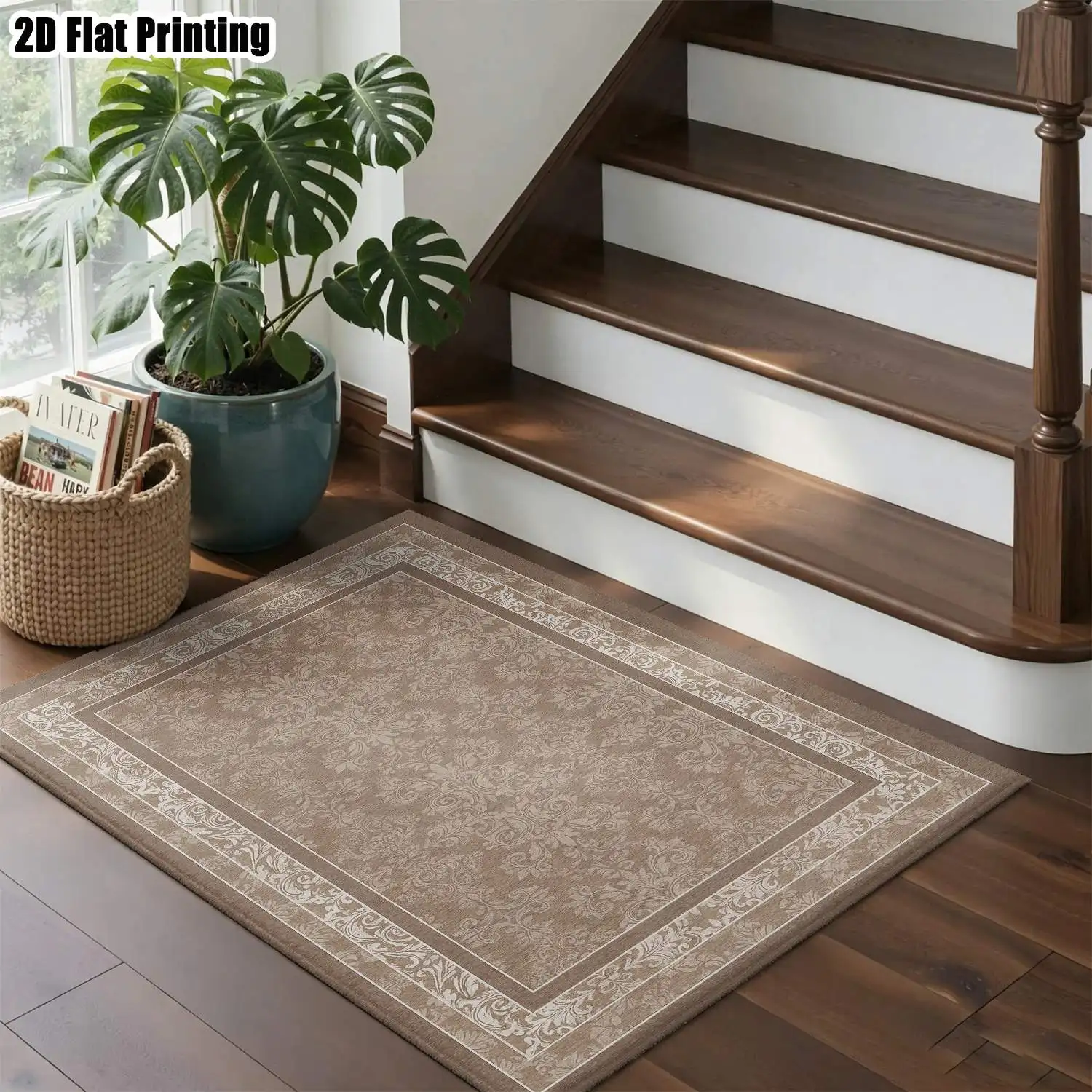 1Pc 2D Printed Carpet: Light Brown Floral, Vintage, Geometric European Style Machine Washable, Multi-Size, Suitable for Living Room, Bedroom, Dining Room, Entrance, Study as Home Decor.