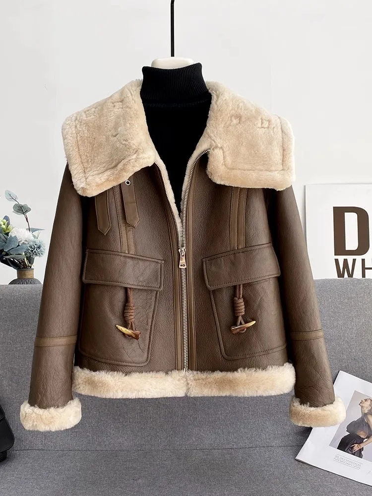 Winter Womens Shearling Coat Warm Wool Liner Genuine Leather Motorcycle Jacket Fashion Square Collar Zip Real Fur Short Overcoat