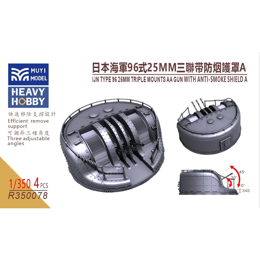 

MUYI MODEL R350078 1/350 IJN TYPE 96 25MM TRIPLE MOUNTS AA GUN WITH ANTI-SMOKE SHIELD A 3D PRINT PART