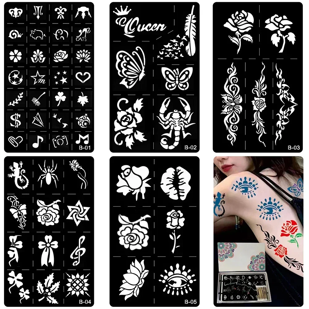 5 Pack 10ml Colorful Tattoo Juices with 5 Sets Stencils DIY Temporary Body Paint Kit for Men & Women Fake Tattoo Kit