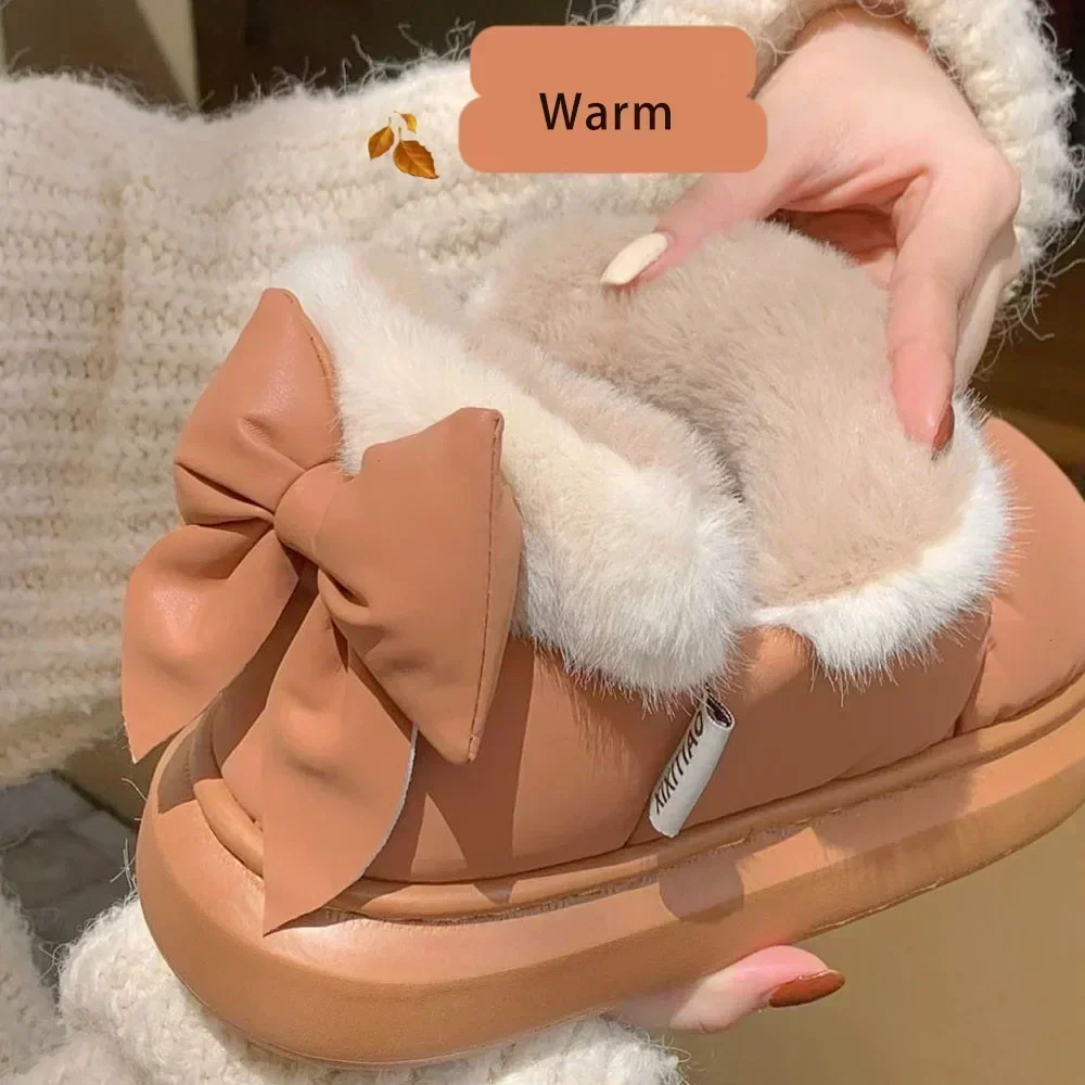 Bow Cotton Shoe Waterproof Plush Boots 2024 New Women Cute Warm Ankle Boots Ladies Outdoor Non-slip Thick Sole Snow Boot Furry