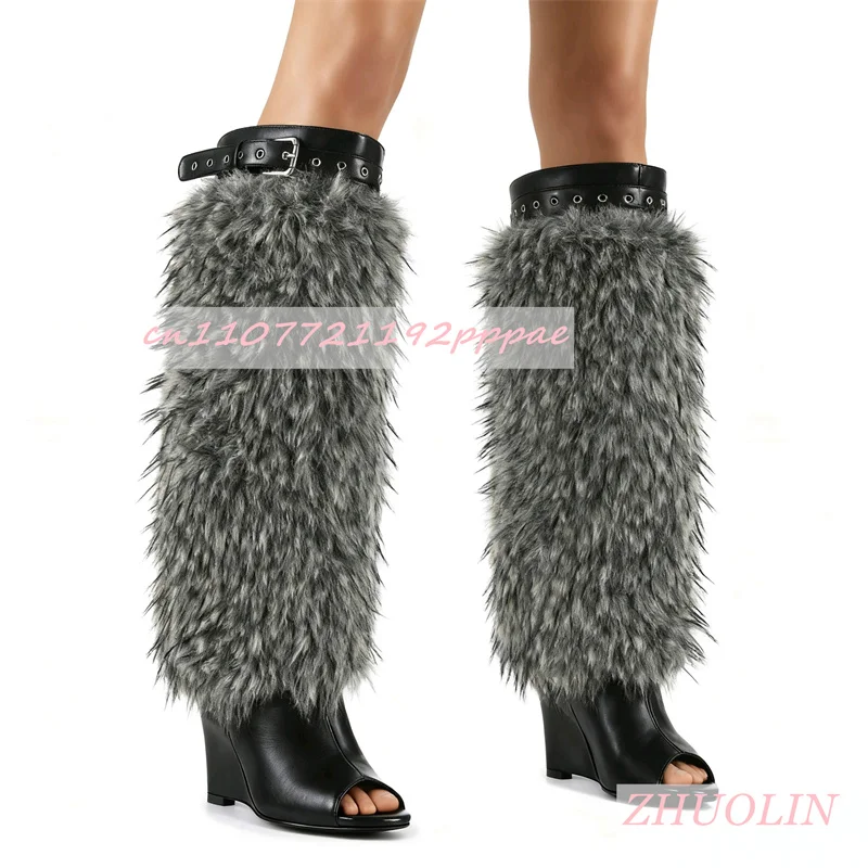 

Женские серые меховые сандалии с открытым носком, роскошные ботинки на танкетке с пряжкой на ремне, элегантные модные сапоги до колена для вечеринок и танцев, большой размер 43