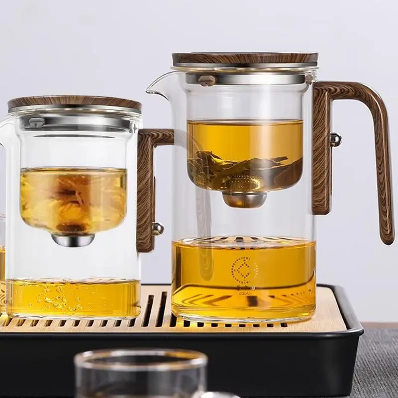 One Click Filtering Glass Tea Pot Tea Water Separation Inner Container with Wood Handle Resistant Teapot Filter 500ml 700ml