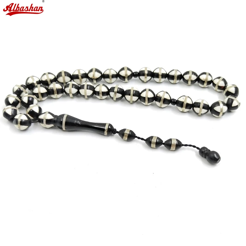 Tasbih สีดําธรรมชาติรายงานต้นไม้ลูกปัดฝังเงินมุสลิม Misbaha รอบ 33 ลูกปัด Ramadan Eid ของขวัญ