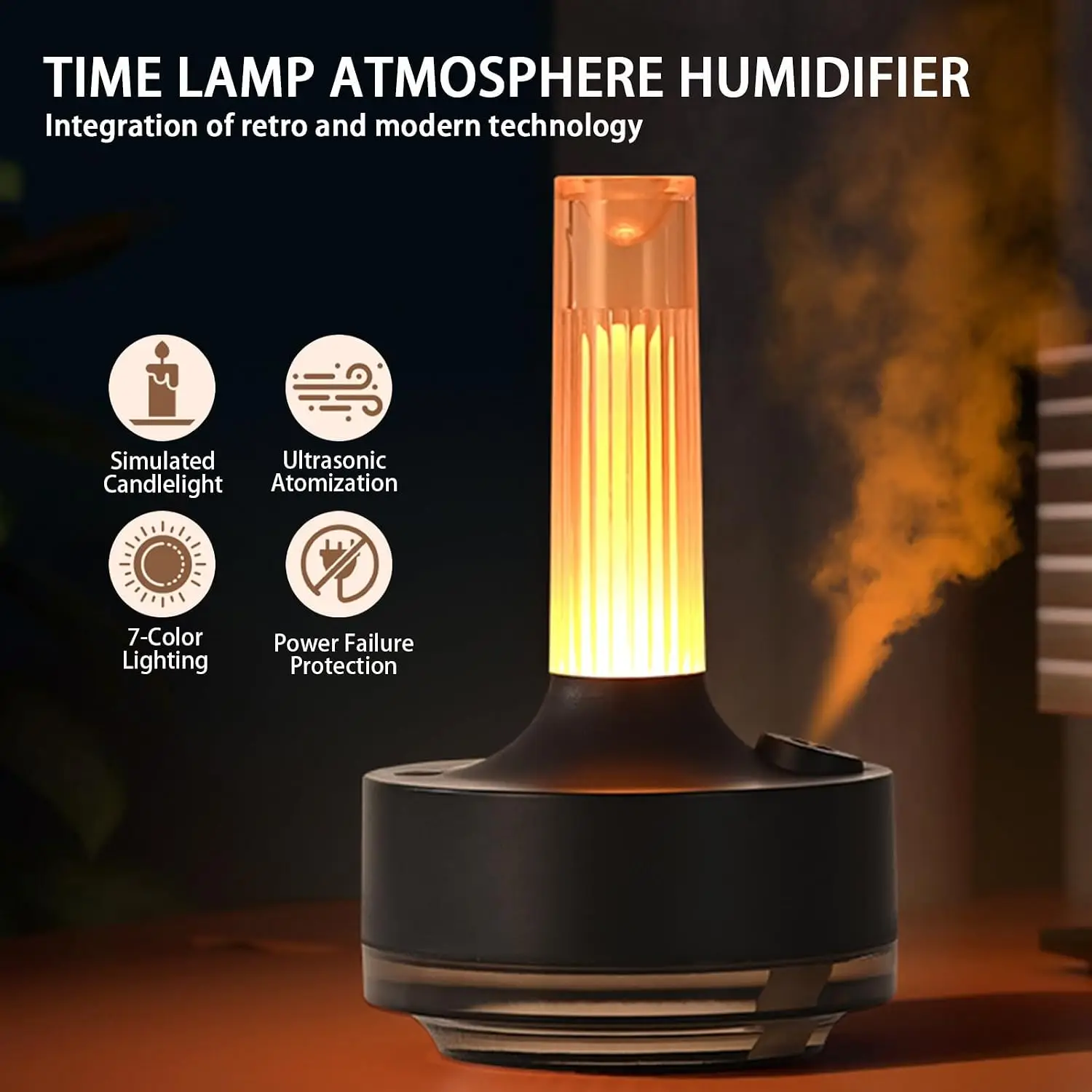 1200mAh Personal Desktop Humidifier, 300ml Retro Time Light Humidifier, Water Shortage Shutdown Protection, BPA Free
