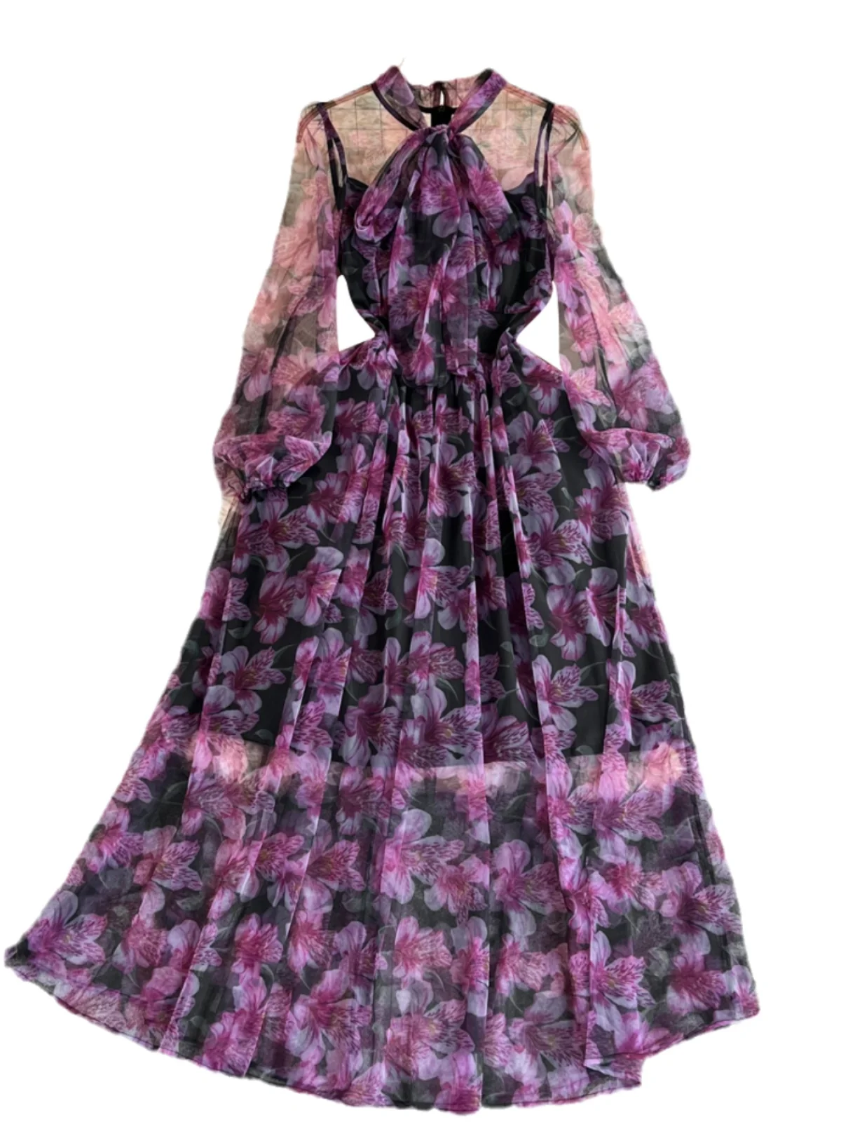 Vestido Midi E de Chiffon Estampado com Manga Longa, Laço Borboleta na Cintura e Saia Evasê Justa - Vestido Longo Eleg...