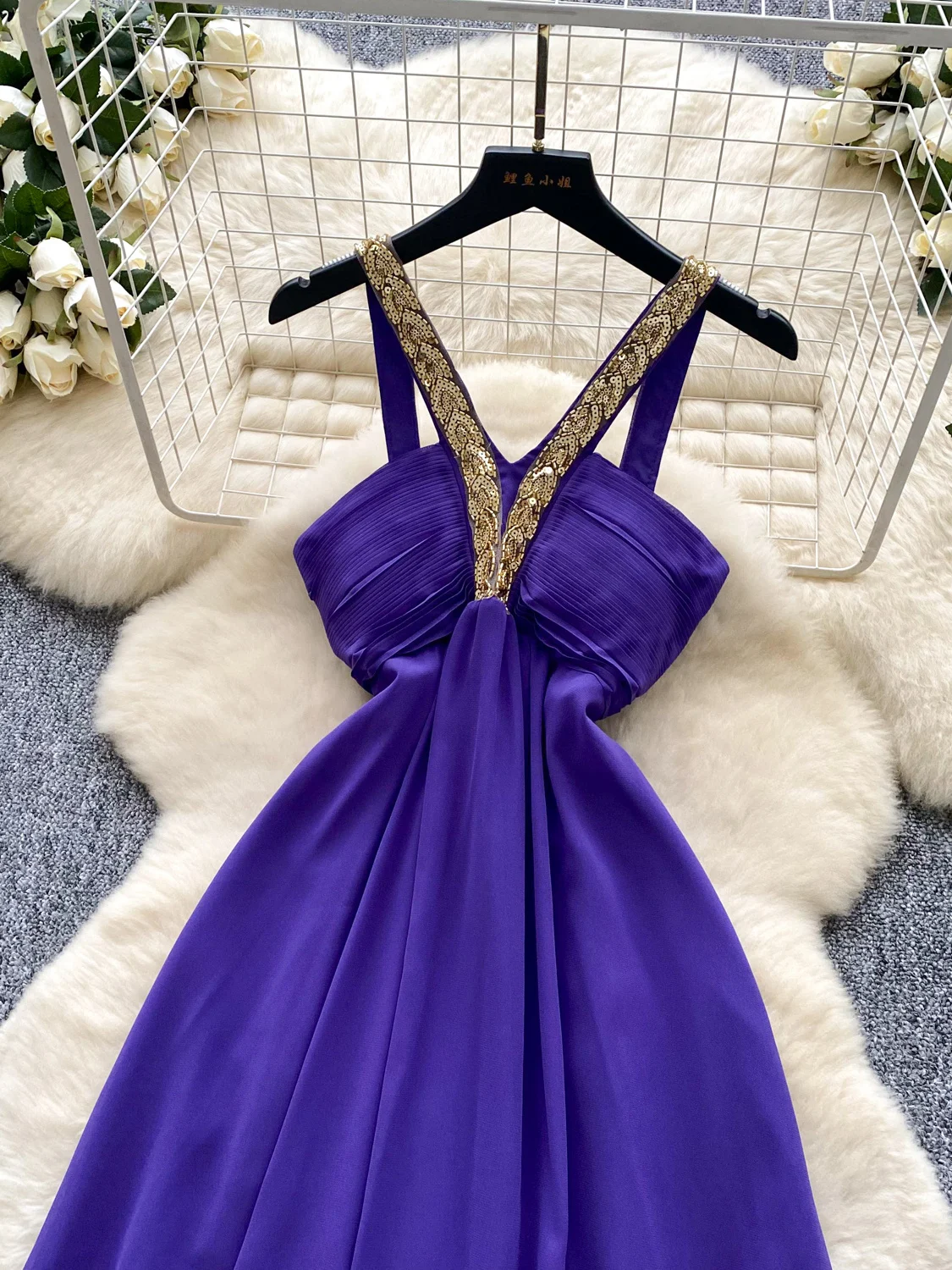 Estate Viola Dr Donna Lusso Perline Ricamate Paillettes ter Ne Strapl Vita Cinched Bal Abito Coreano Sle