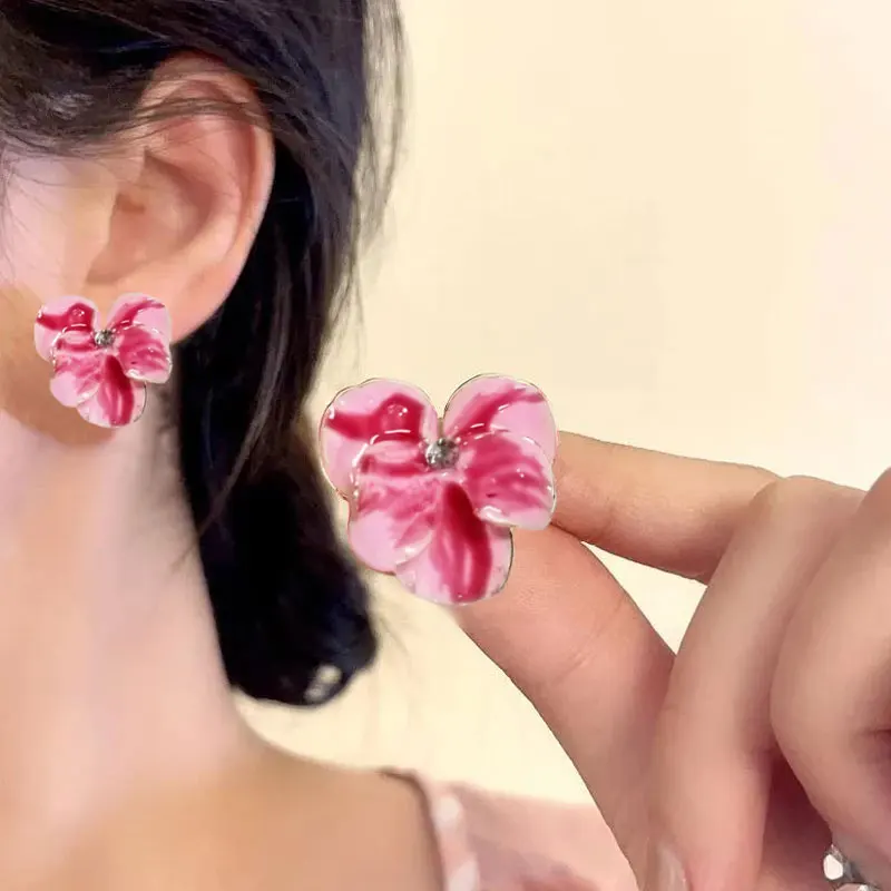 Summer Autumn Light Luxury Elegant Blue Flower Stud Earrings for Women Fashion Rhinestone Sweet Metal Wedding Party Jewelry