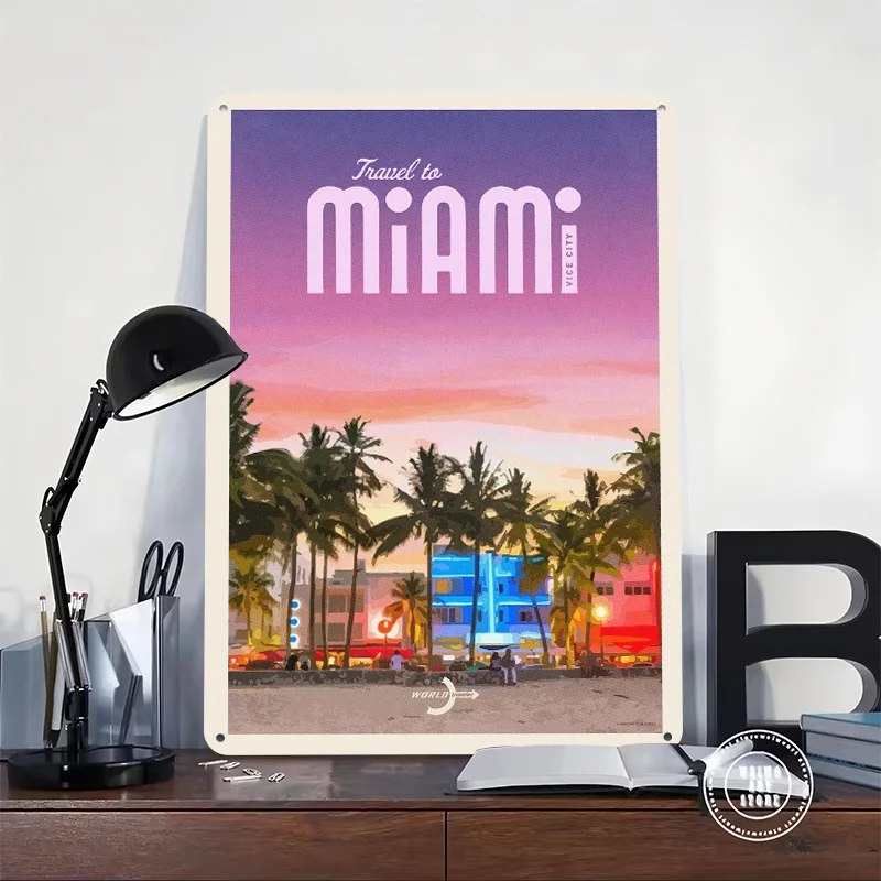 Travel to Miami Printing Poster Customized Retro Wall Art Vintage Metal Signs for Room Modern Home Decoration Ornaments House