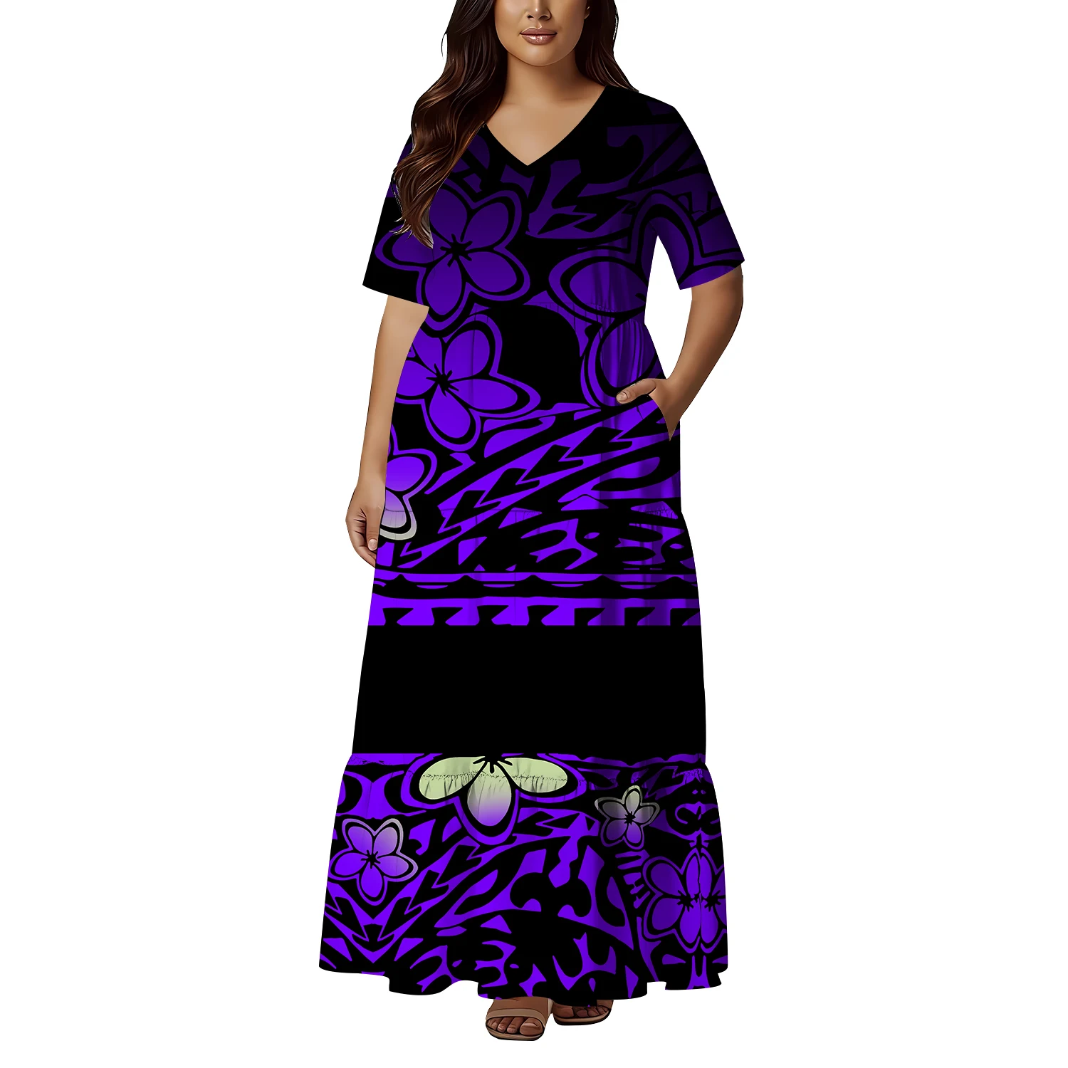 Custom-Made Ladies' Dress With A Casual And Loose Style Featuring A Retro Polynesian Island Design And V-Neck Pocket Design
