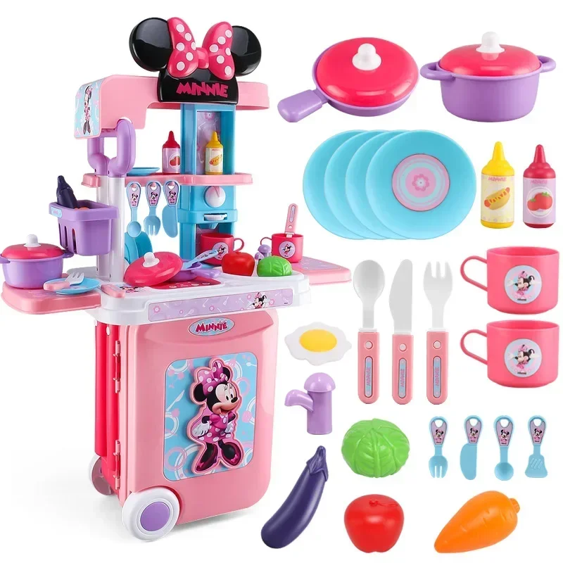 Disney 3 in1 Minnie mouse trolley case kitchen set for kids with light kitchen tableware play house set toys kids birthday gift