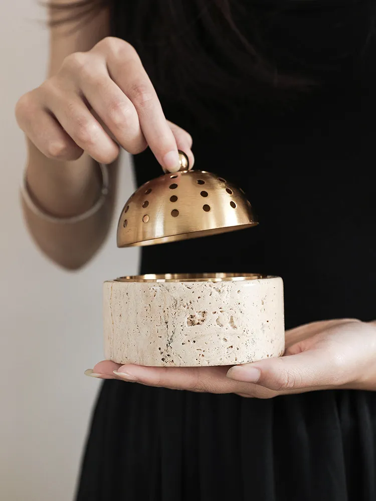 Aromatherapy burner, natural travertine desktop decoration ornament, light luxury metal candle holder, model room