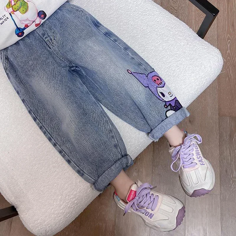 Sanrio Kuromi Kids Jeans 2024 New Cute Cartoon Retro Loose Fashion Elastic Waist Children Versatile Jeans Toys for Girl Gifts