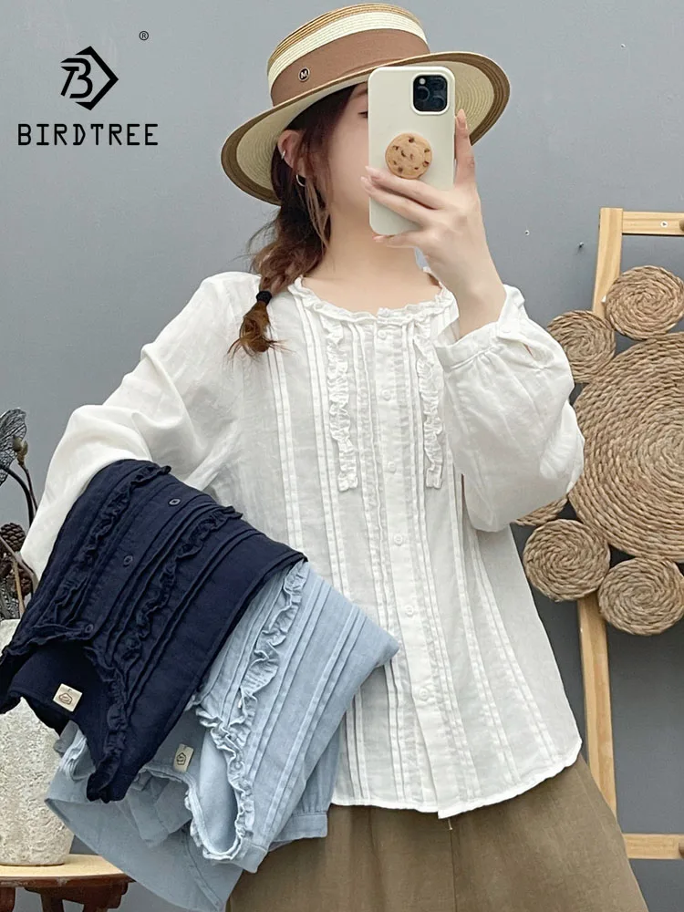 New 2026 Autumn Women Cotton Yarn Long Sleeve Shirt, Ruffled Folds, Mori Girl Korean Versatile Comfortable Loose Blouse T69160CC