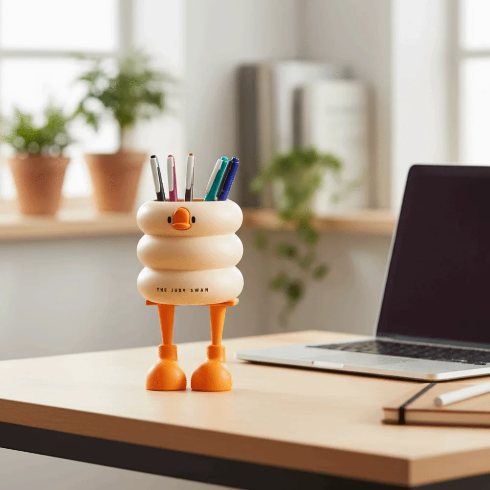 Large-capacity Duck-Shaped Desk Organizer Cartoon Design Duck Shape Makeup Brush Holder Ice Cream Theme Multi Functional