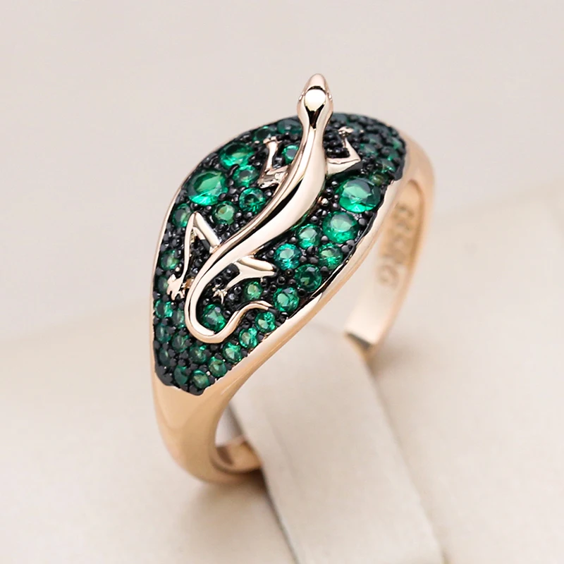 Kinel Hot Unique Green Natural Zircon Lizard Ring For Women 585 Rose Gold and Black Plating Vintage Animal Daily Punk Jewelry