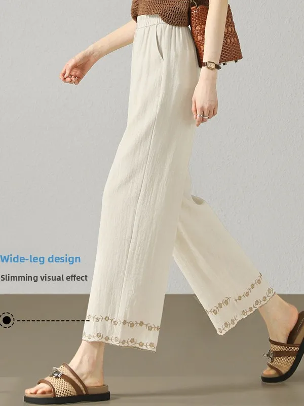Lightweight Cotton Linen Wide Leg Pants for Women Casual High Waist Elastic Bottom Stitched Nine Points Summer Fashion