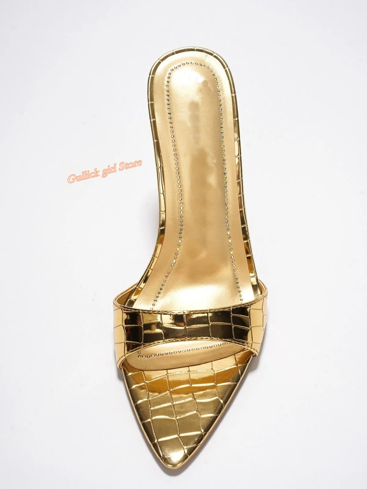 Gold Crocdile Stiletto High Heel Slippers Sexy Pointed Toe Slip On Fashion 2024 Summer Women Dress Shoes Slip On Handmade