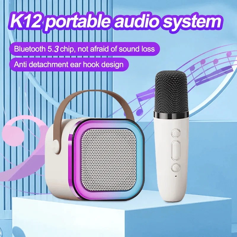 K12 Mini Karaoke Machine With 2 Wireless Microphone, Portable Wirrless Speaker With Party Lights Gift For Birthday Speaker Bluet