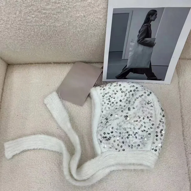 Glitter Knit Wrap Hat For Women Fall Winter Cute Ear Protection Lace‑up Slim Face Design Korean Ins Y2k Fashion Accessory Supply