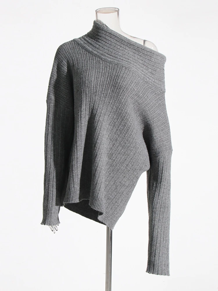 VGH Solid Casual Loose Knitting Sweaters For Women Diagonal Collar Long Sleeve Temperament Pullover Sweater Female Fashion New