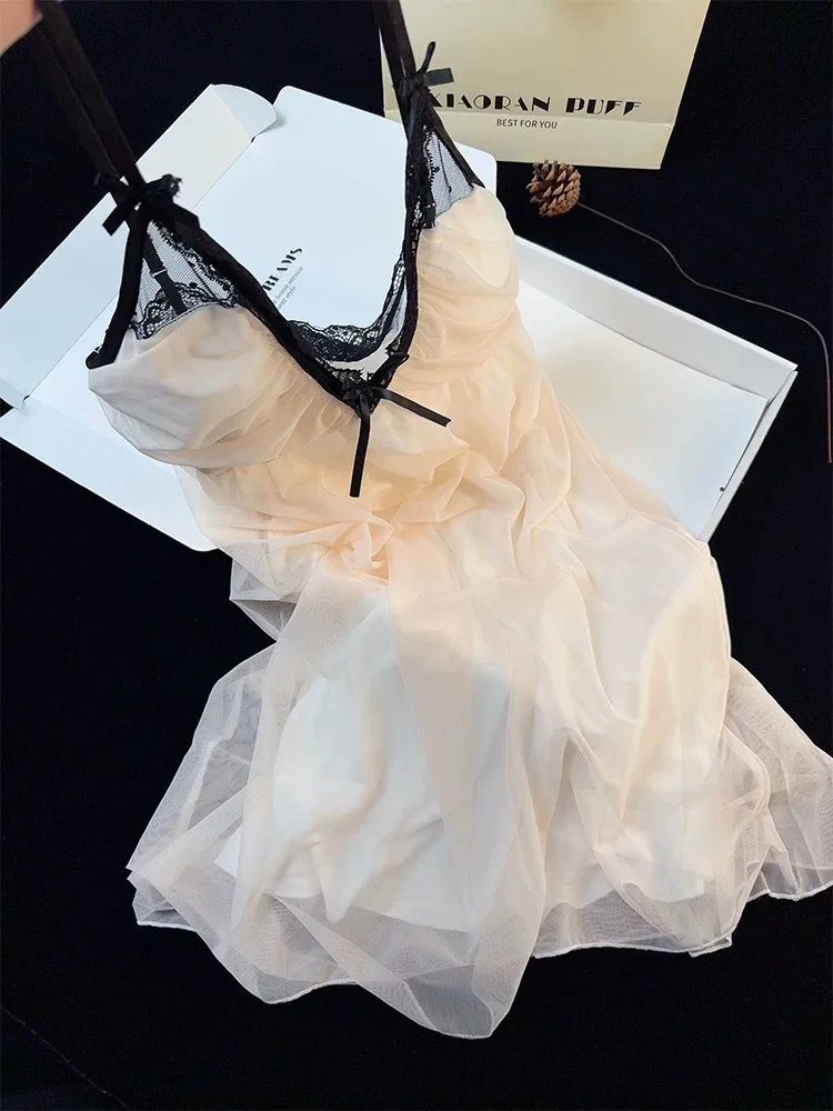 Women's Summer Pure and Seductive Fairy Icy Silk Suspender Nightgown with Lace and Bra Pads Sexy Breathable Thin Homewear m-xl