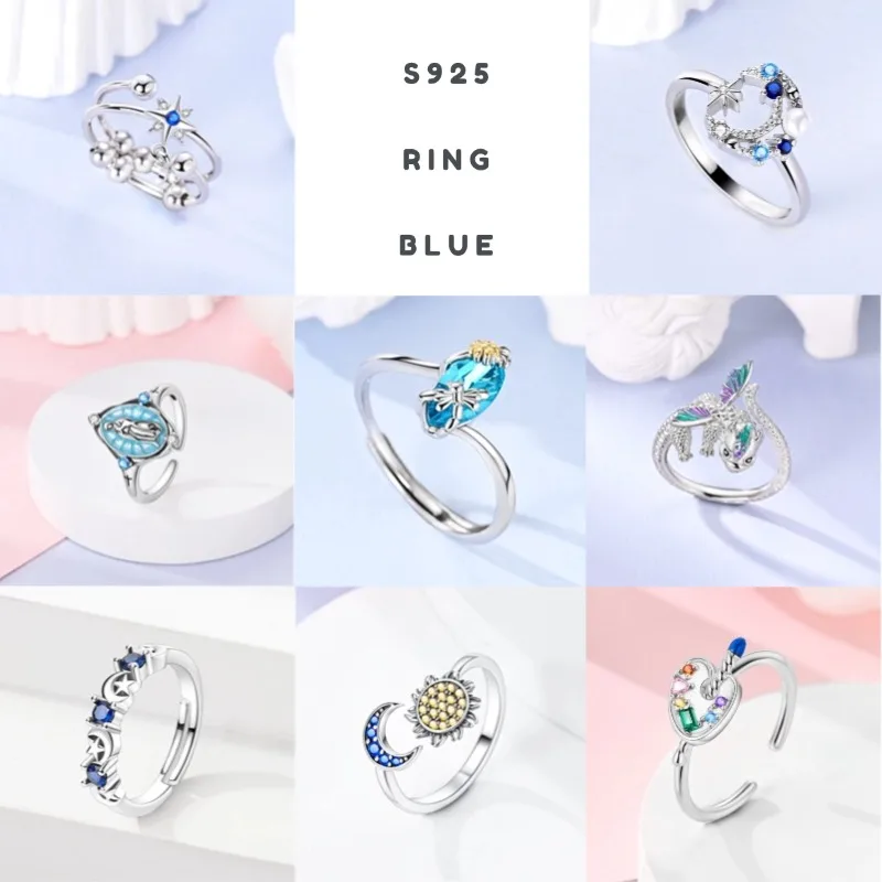 Women's Blue Star Clover Adjustable Ring, 925 Sterling Silver
