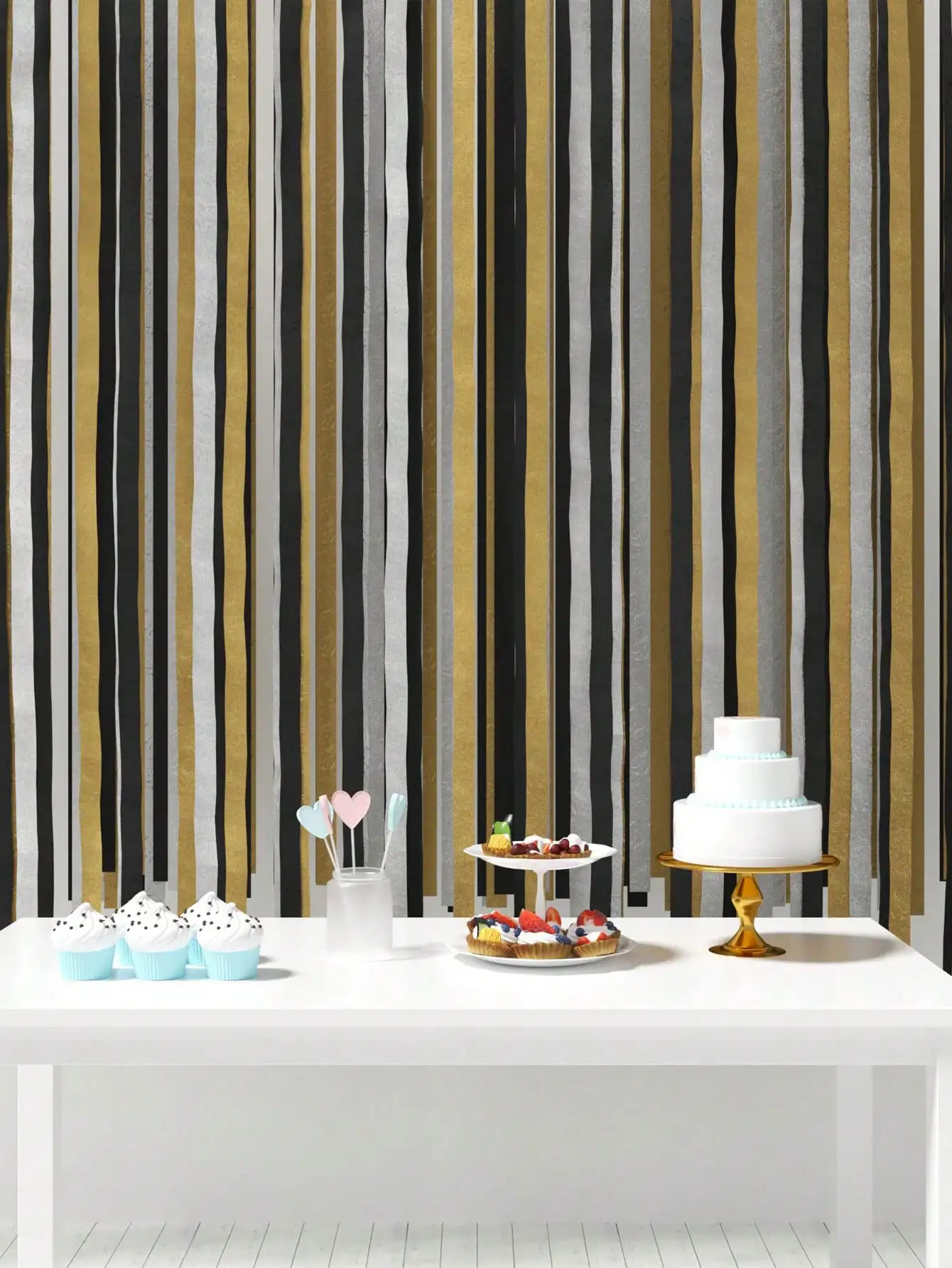 1 set (3 rolls)- Crepe paper ribbon, gold and silver black crepe paper fringe streamer, multi-color paper rain curtain, balloon