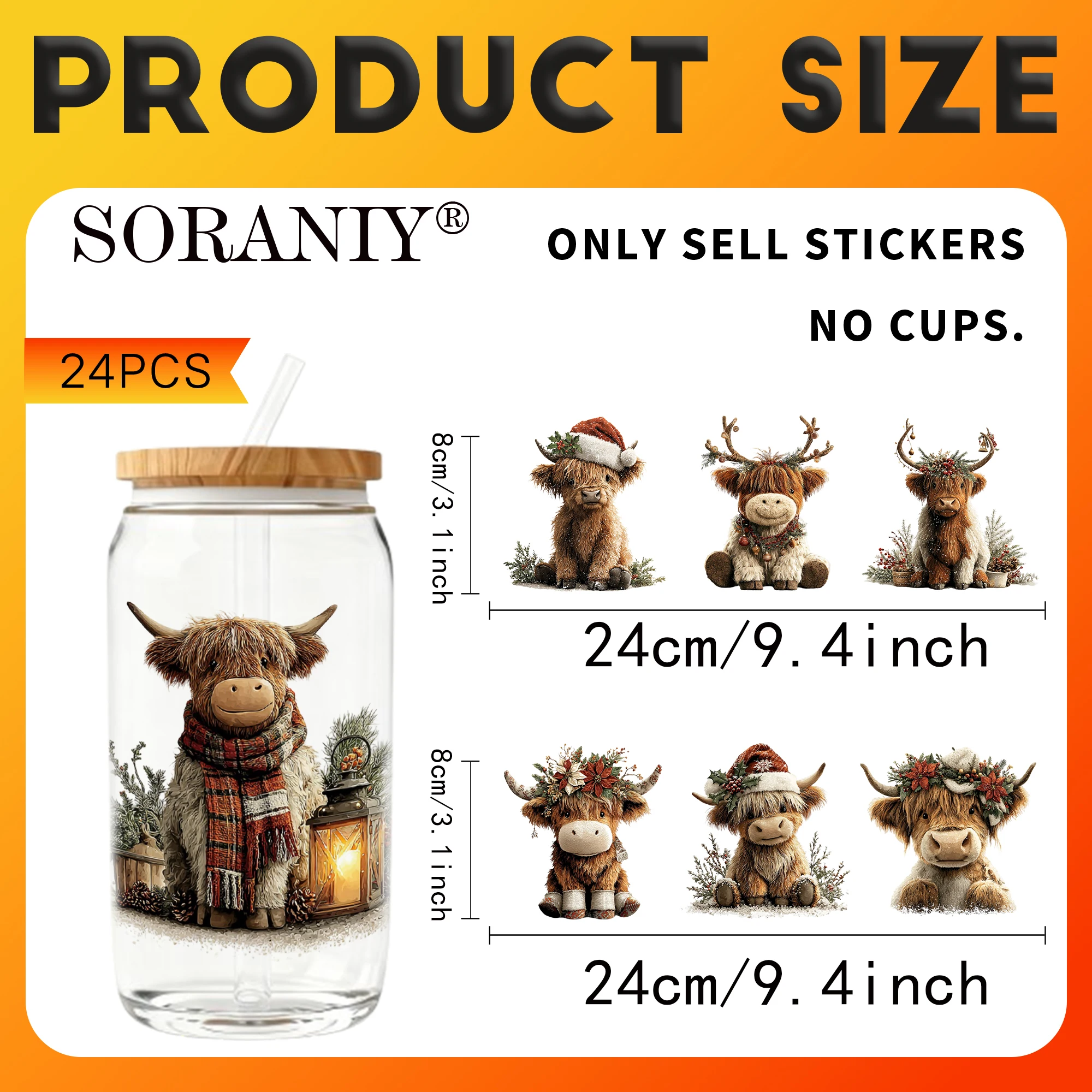 UV DTF Transfer Stickers - 24Pcs/Set Highland Cow Christmas Theme UV DTF 16OZ DIY Transfer Stickers