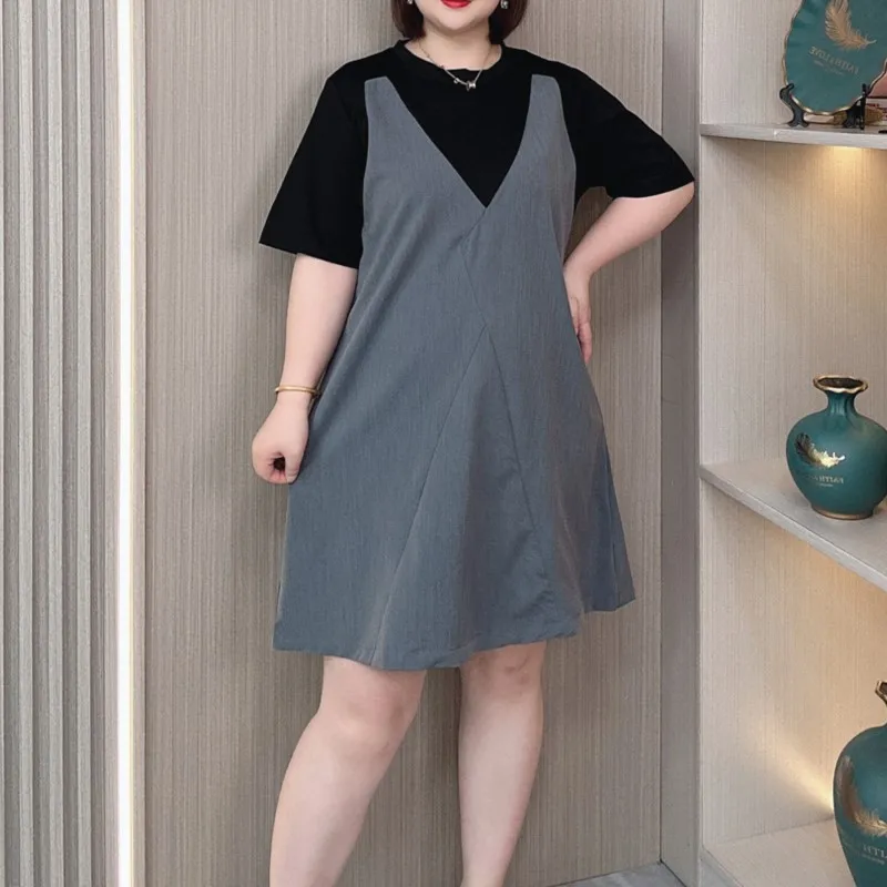 Fake Two Piece Block Color short-sleeved Dress Women Summer New Plus Size Fashion Temperament Loose Dress