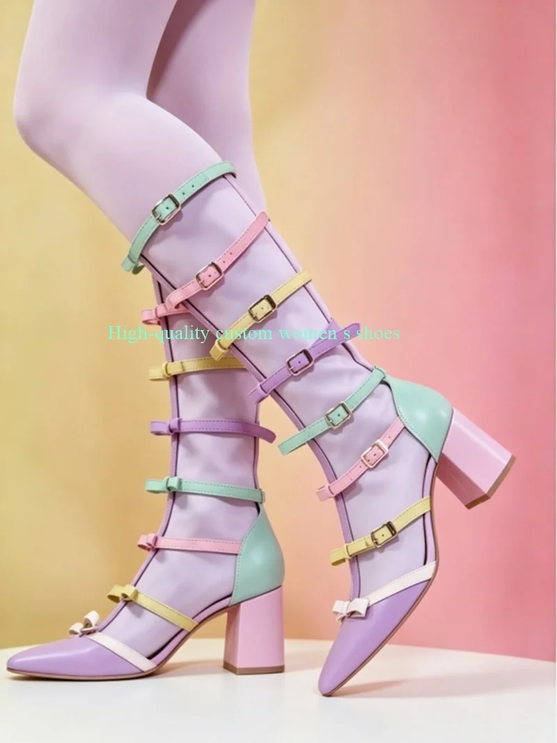 Pointed White Bow Decoration Chunky High Heels Not Above The Knee Women's Boots Rainbow Colors Thin Strap  Luxury Sandals