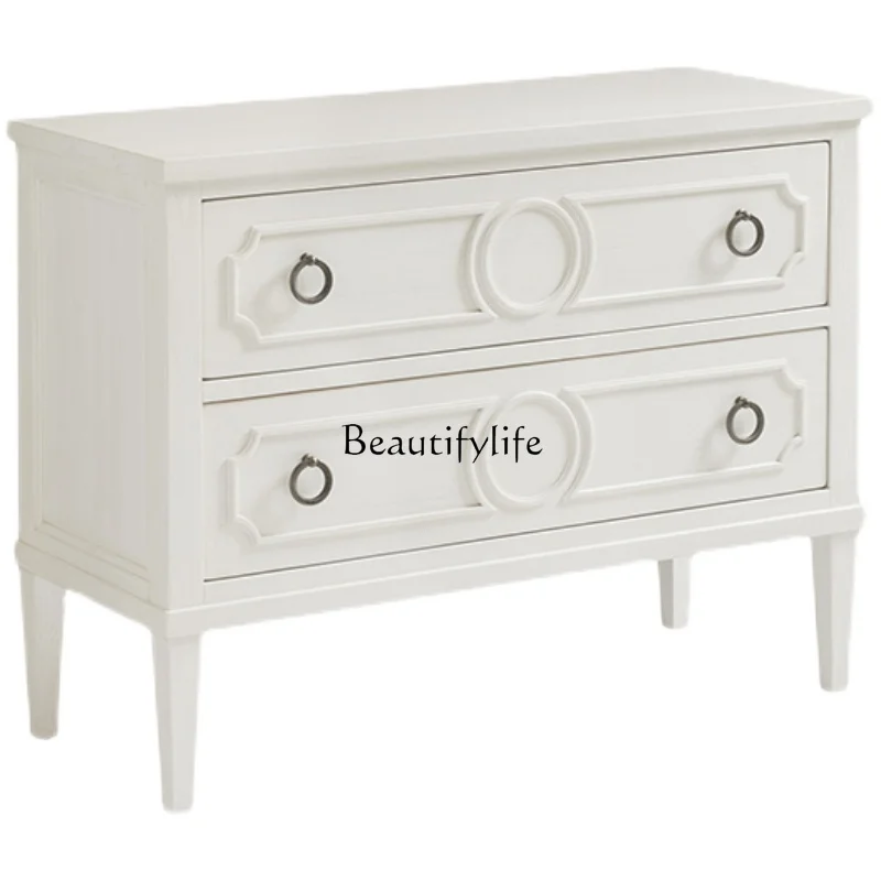 

American Country Ivory White Distressed Solid Wood Bedside Cabinet Mediterranean Pastoral Bed Side Chest of Drawers