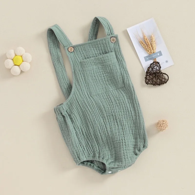 Newborn Baby Girl Boy Cotton Linen Suspender Bodysuit Summer Clothes Solid Color Sleeveless Square Neck Jumpsuit for Kids