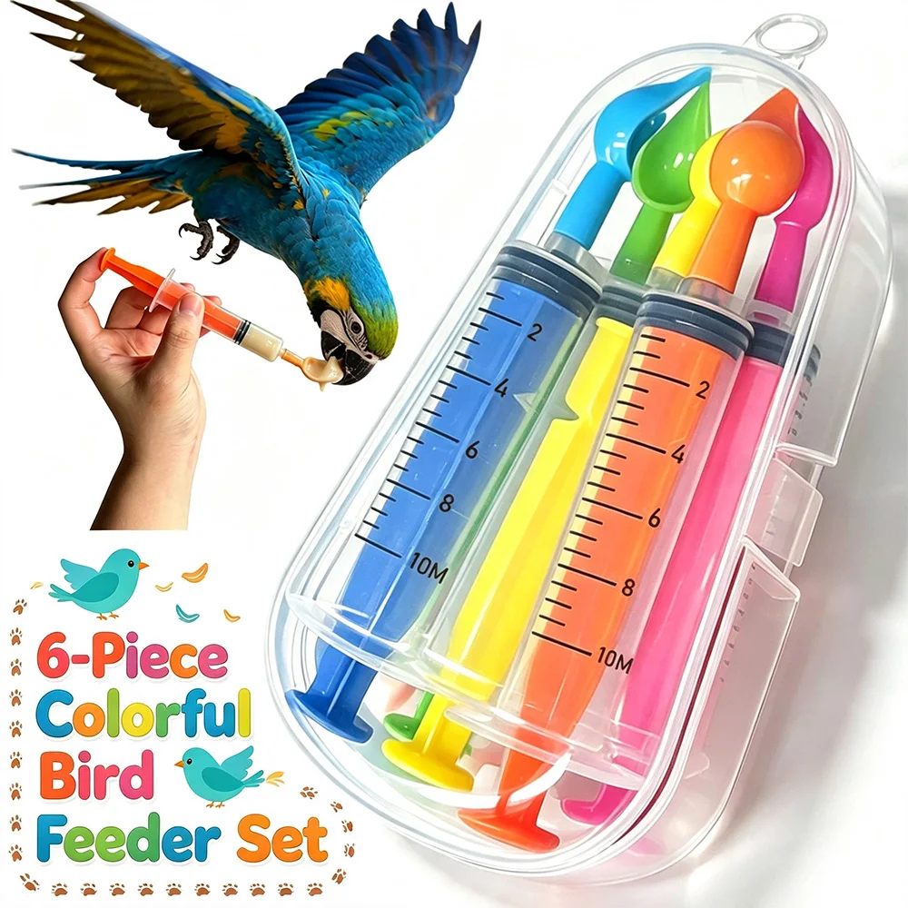 Pet Baby Bird Feeding and Watering Kit 6-Piece Set, Colorful 10ml Graduated Syringe + Feeding Spoon + Matching Sealing Cap, Bird Chick Feeding and Watering Tool Set