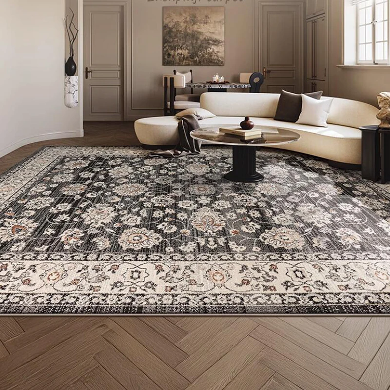 French Style Vintage Living Room Carpet Chinese Style Retro Black Rugs and Carpet Home Anti-skid Bedroom Rug Thick Study Mat