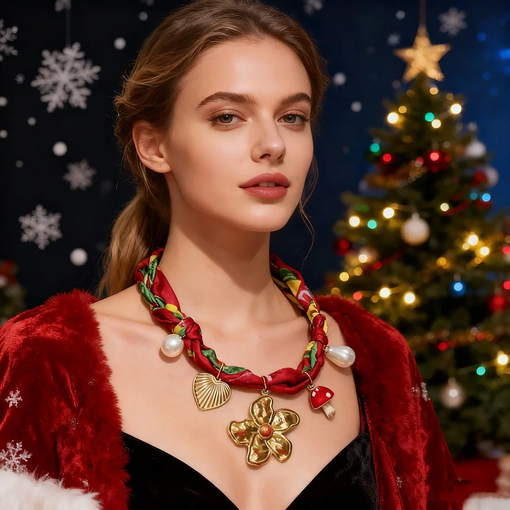 

Xmas Vibes Scarf Necklace with Flower Sun Cherry as Centerpiece Holiday Gift for Women, Girls, Mama