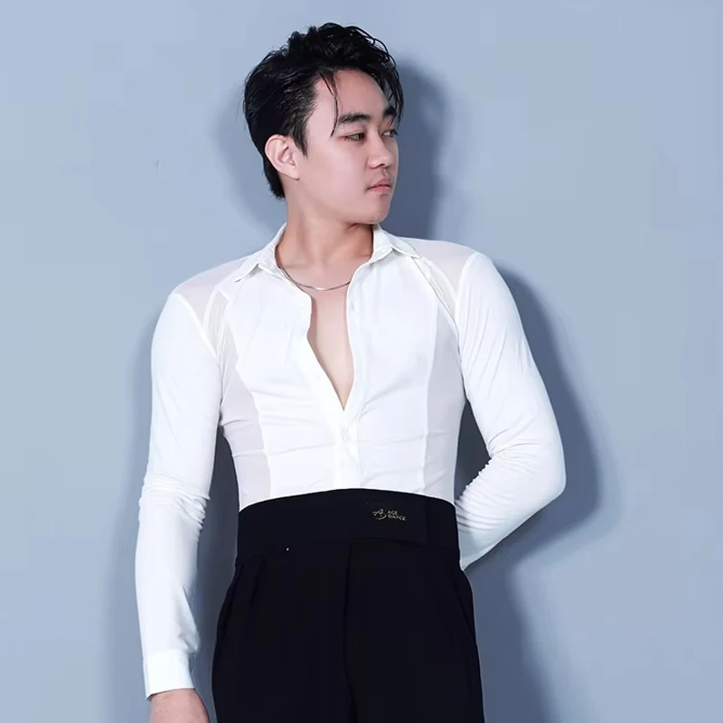Latin Dance Herenkleding Lange Mouw Zwart Shirt Mannelijke Ballroom Tango Dansen Outfit Wit Tops Volwassen Latin Training Wear 7681