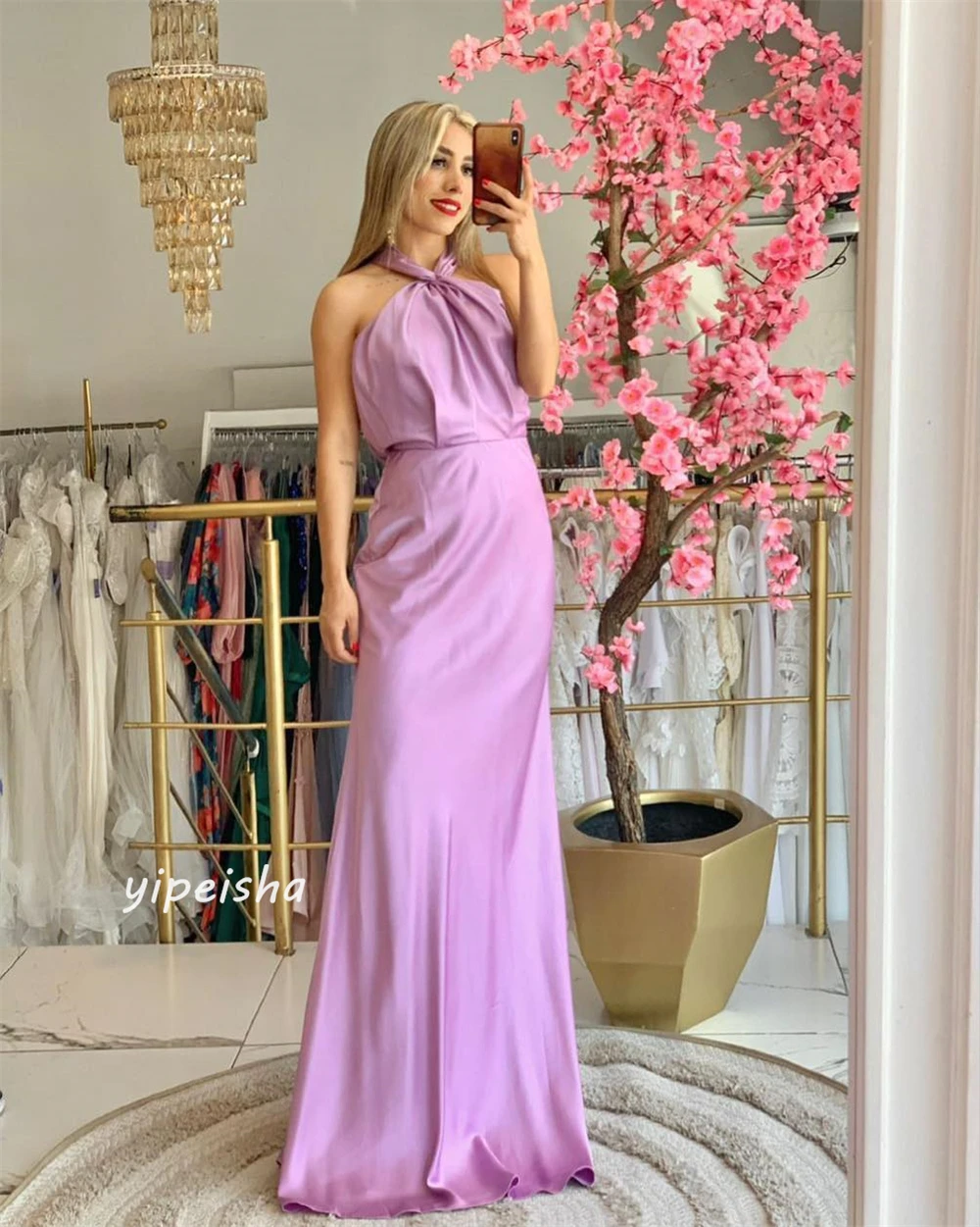 Jersey Draped Pleat Ruched Homecoming A-line Halter Bespoke Occasion Gown Long Dresses