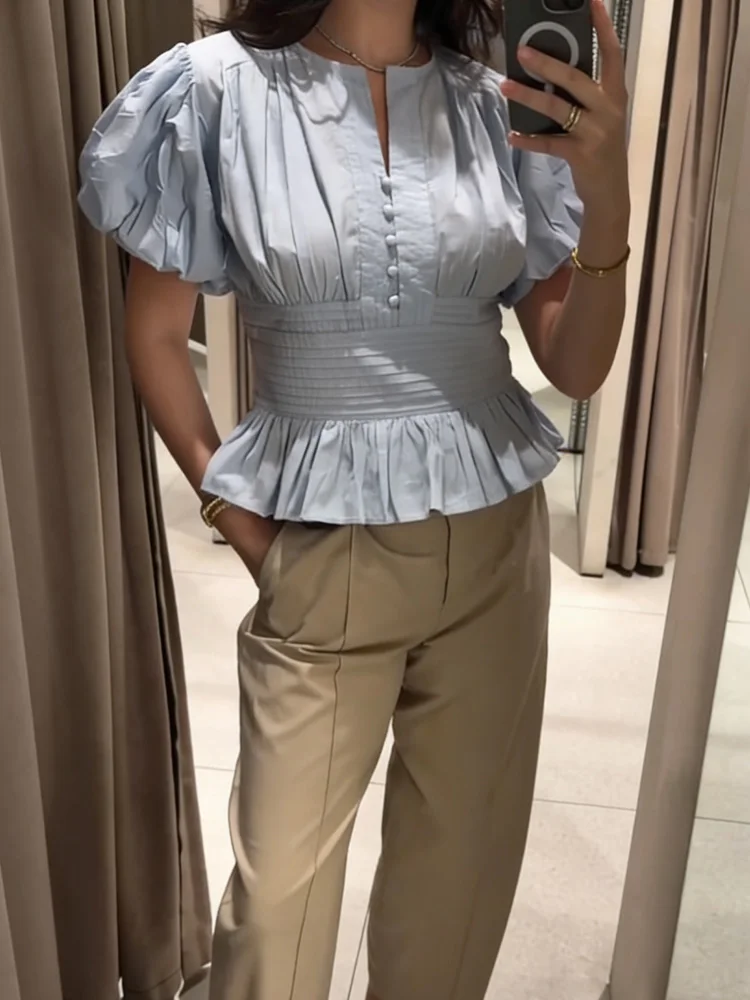 

Женская летняя модная блузка HH с круглым вырезом, пышными рукавами и оборками, новинка 2026 года, однотонная, плиссированная, приталенная, с коротким рукавом, топ Mujer