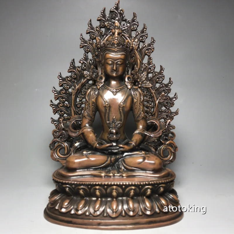 

10" China antique pure copper Longevity Buddha statue with backlight