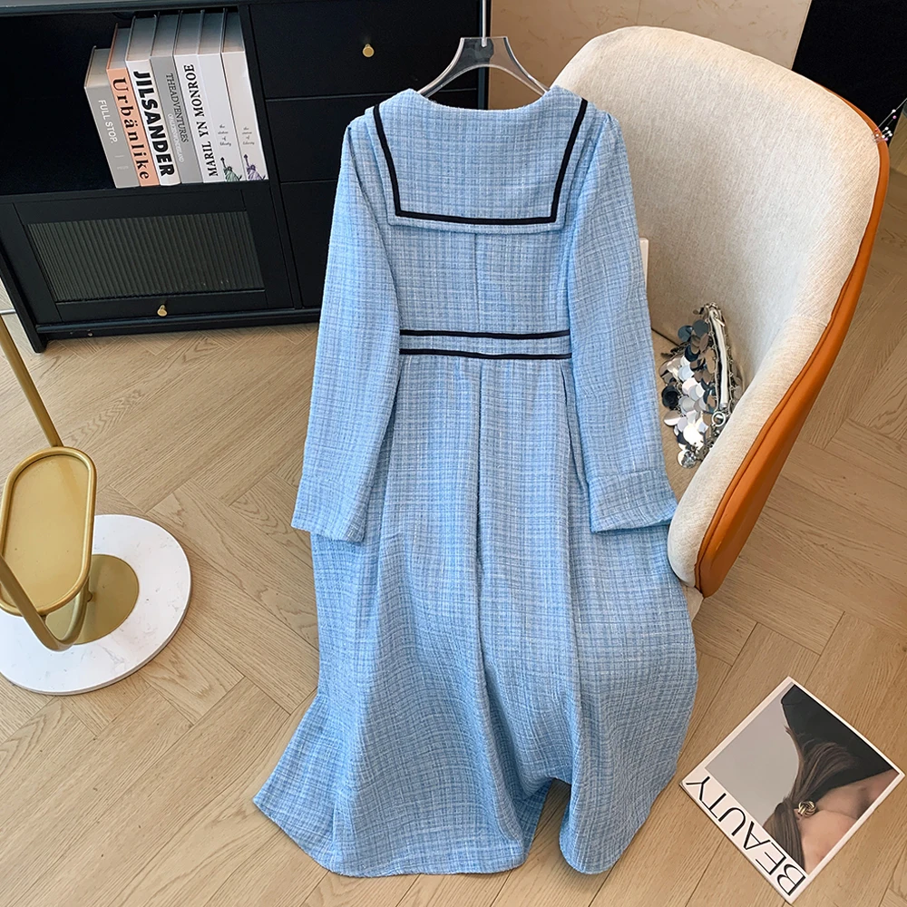 Plus-size women\'s fall loose comfortable casual commuter fashion blue plaid dress Navy collar button-up long-sleeved dress large