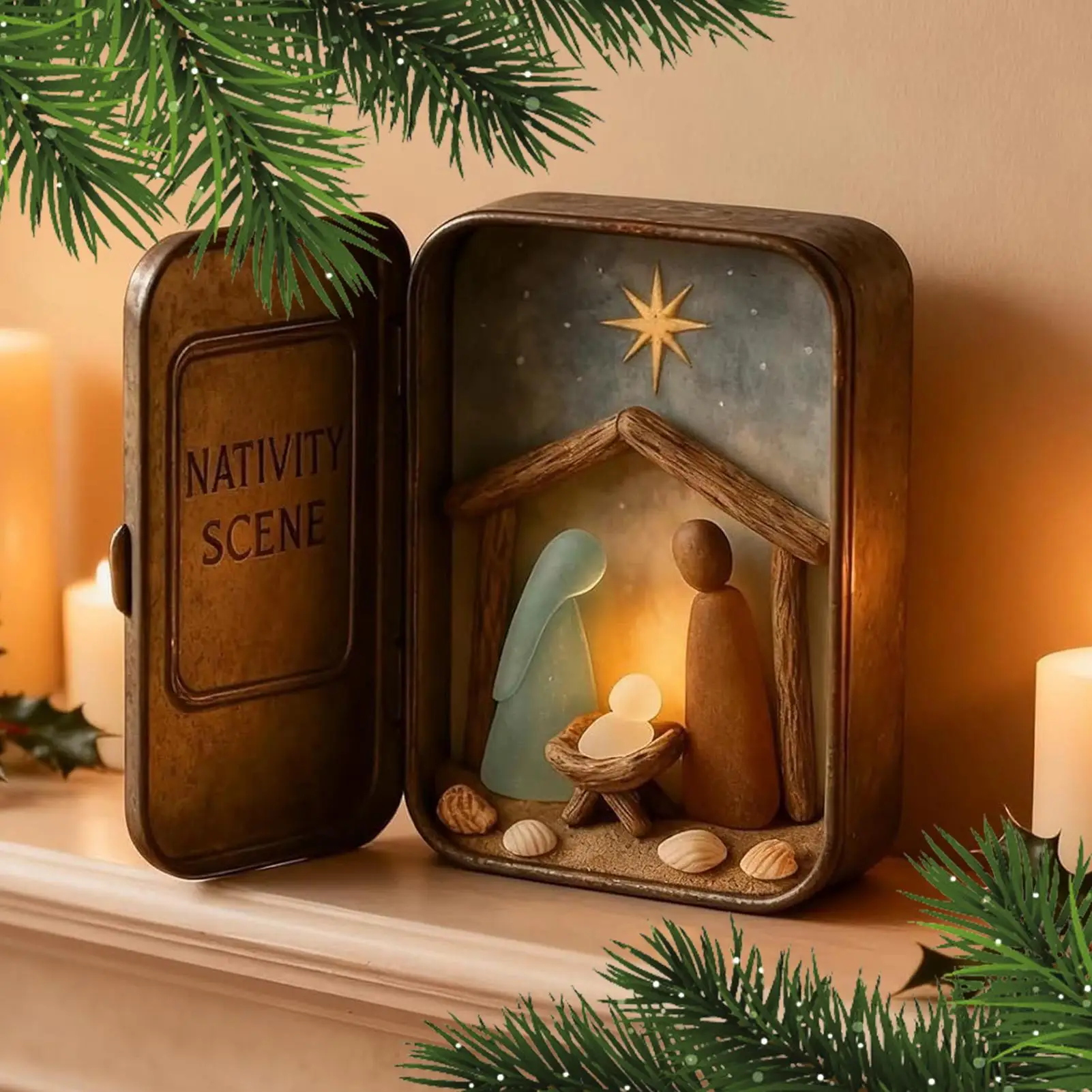 Estatuetas de natividade artesanais religiosas com vidro do mar mini manjedoura presépio decoração de natal para decoração de casa prateleira de mesa