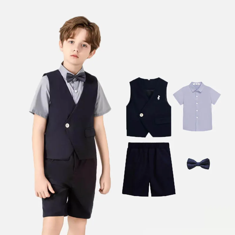 

4Pieces/Set Vest Shirt Shorts BowTie Boys Photograph Suit Teenager Kids WaistCoat Birthday Dress Children Wedding Party Costume