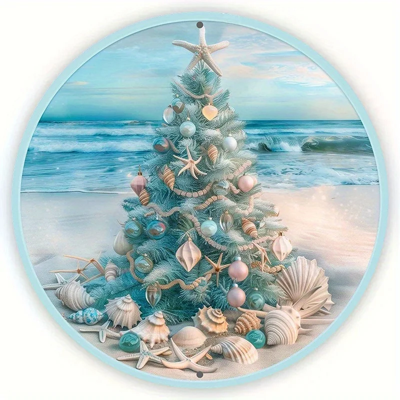 2D Flat 1-Piece Vintage Beach Theme Metal Wall Decor - Wrought Iron Seaside Christmas Tree Decoration for Home, Bar, Cafe