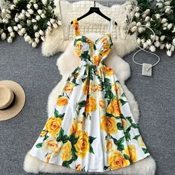 Midi Summer Print Dress Women Holiday Vegetable Corse Chest Wrap Stretchy Strap Sexy Party Midi Dresses Clothing Belt Vestidos