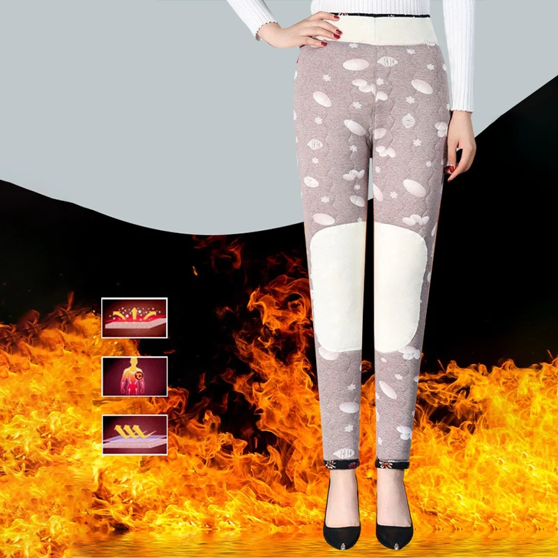 Women Winter Warm Quilted Pants Thick Thermal Velvet Trousers High Waist Imitation Cashmere Pants Floral  Printed Trousers