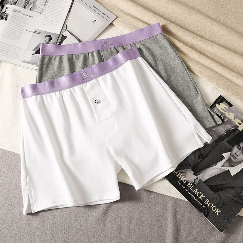 Men Loose Cotton Lounge Boxer Shorts Front Button Placket Split Side Hem Wide Comfort Sleep Home Arro Underwear