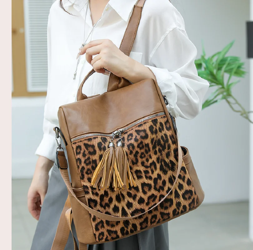 2026 Fashion Vintage Leopard Tassels Designer Leather Backpacks Women's High Capacity Travel Shoulder Bags Totes Crossbody Bag